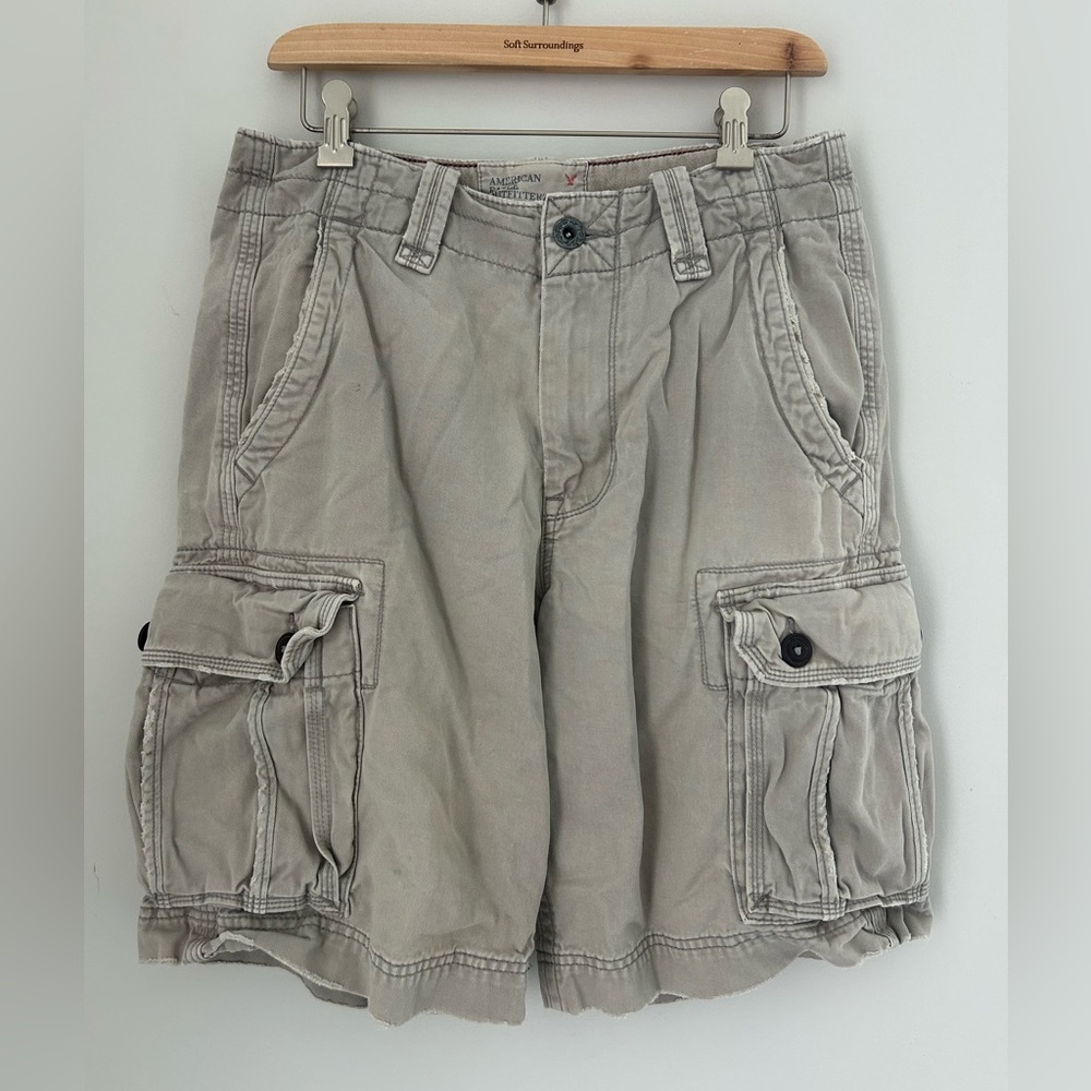 American Eagle Outfitter Men Classic Length Stone Gray Khaki Cargo Shorts Sz 30